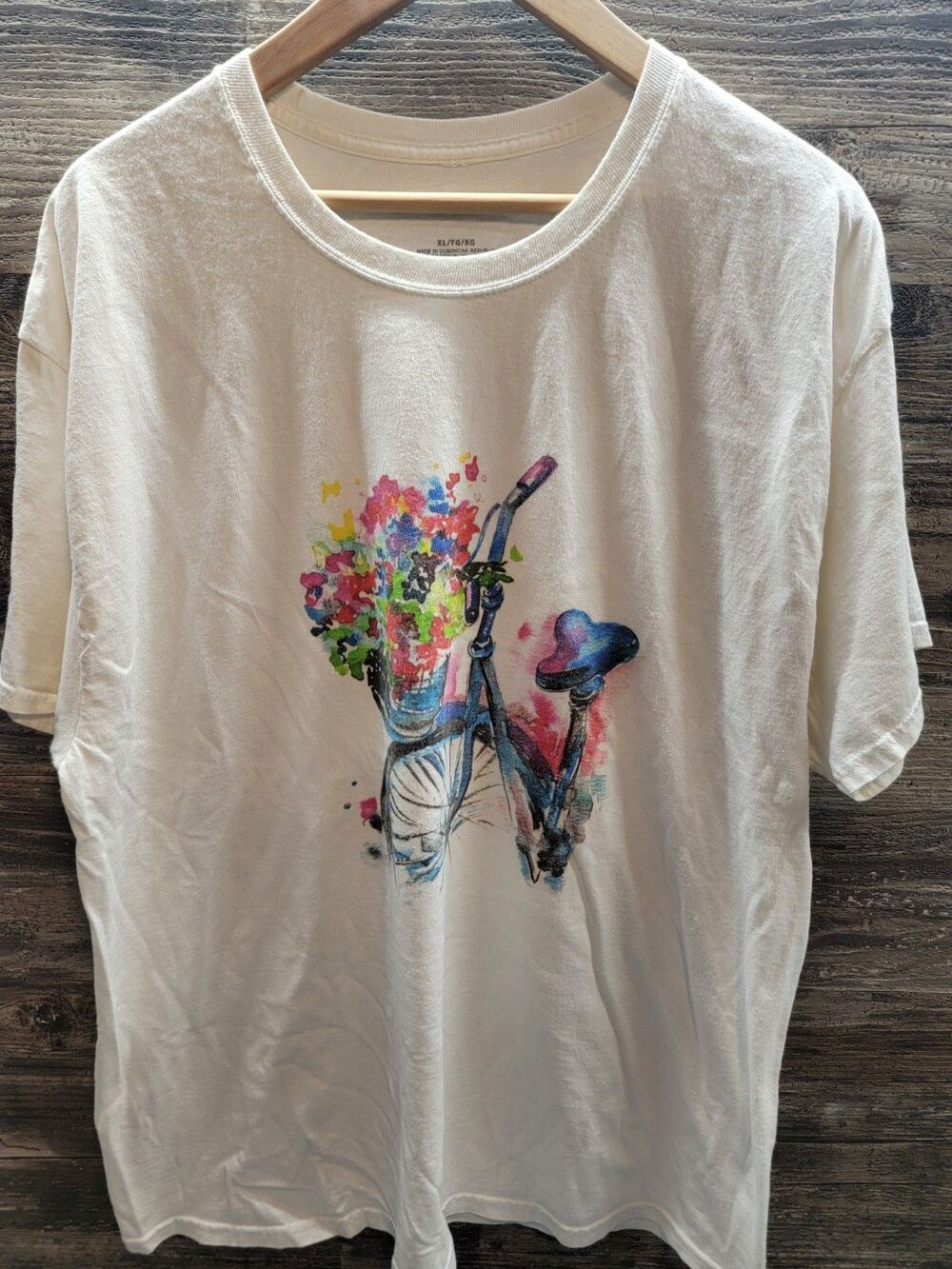 Women's Bicycle Print Floral Tee White Watercolor Sz Xl